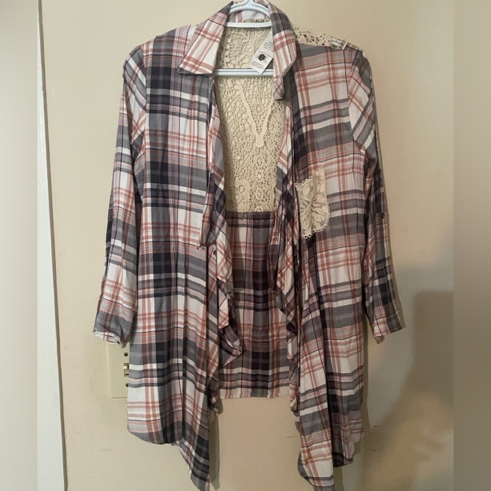 Plaid Cardigan with Lace Accents